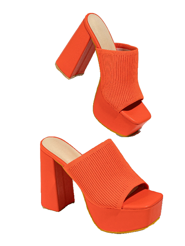 Black Knit Platform Mule Heels | Open Toe Chunky Block Heel Slides | Purple Platform Slip-On Heels for Women