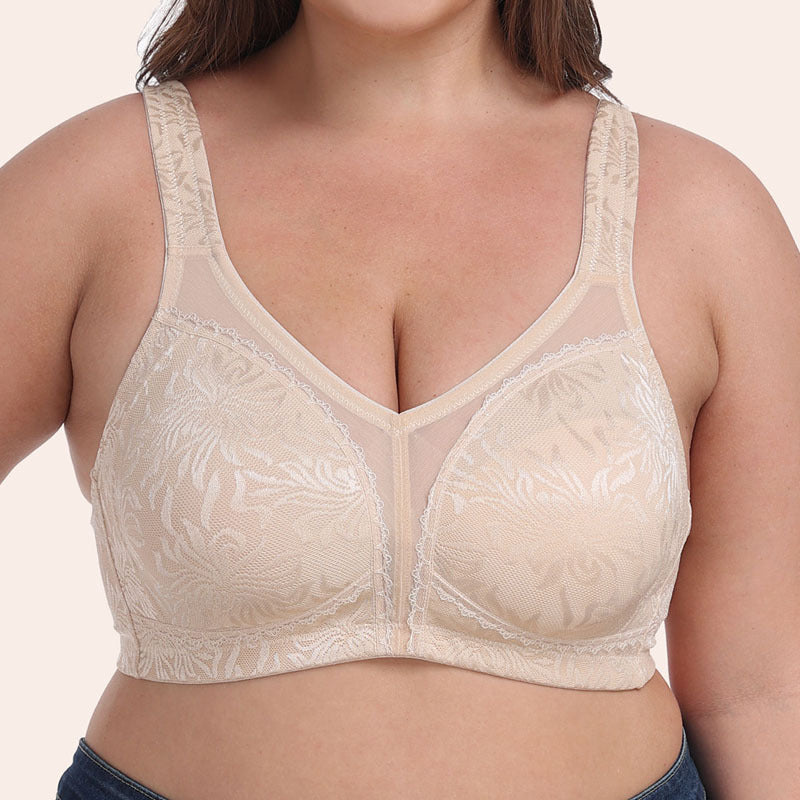 Plus Size Wirefree Full Coverage Lace Bra | Beige Nude Minimizer Bra | Women's Comfort Support Bra