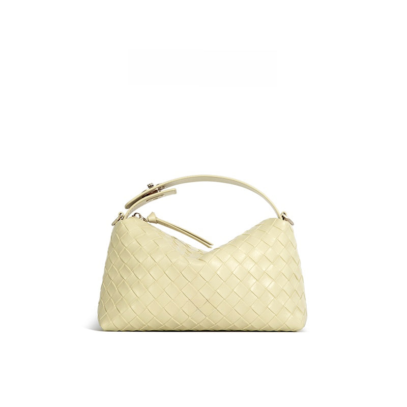Pale Yellow Woven Leather Shoulder Bag - Intrecciato Basketweave Hobo Bag | Designer Style Slouchy Handbag