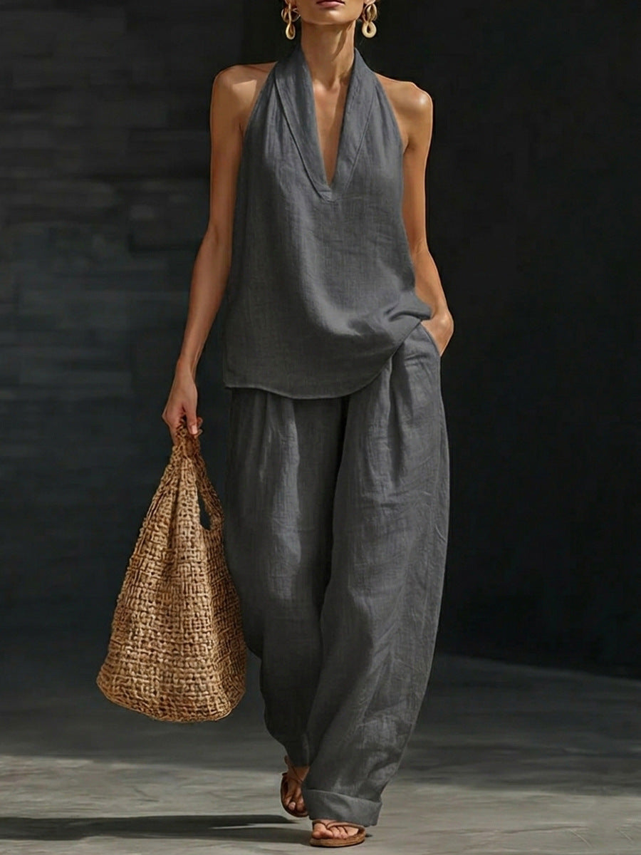 Women's 2 Piece Linen Halter Neck Top & Wide Leg Pants Set | Casual Boho Summer Co-Ord Outfit | Beach Vacation Loungewear | Burgundy