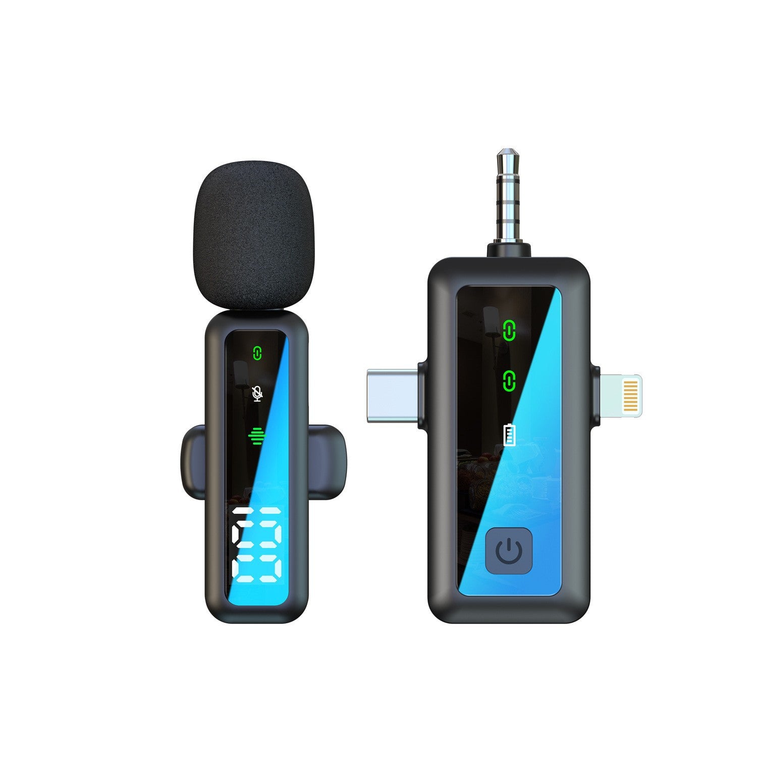 Dual Wireless Lavalier Microphone Kit | LED Display | 2 Clip-On Mics & 3-in-1 Receiver for iPhone Lightning, USB-C & 3.5mm | Fur Windscreen Vlog & Interview Set