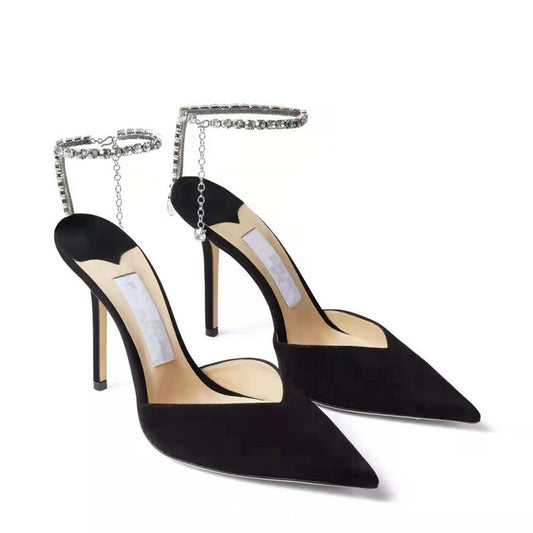 Crystal Rhinestone Stiletto Heels | Diamond Chain Ankle Strap Pointed Toe High Heels | Women's Luxury Glitter Wedding Pumps