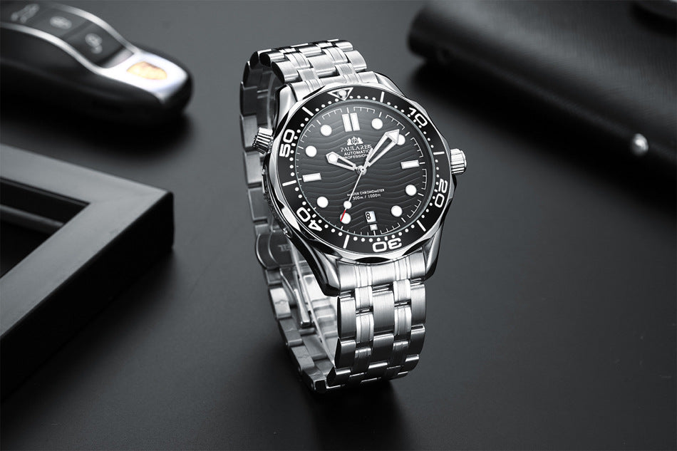 Paula Reis Automatic Professional Diver Watch | Black Dial Master Chronometer 300M | Stainless Steel Bracelet Men's Watch