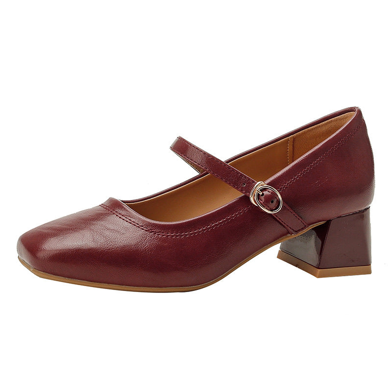 Wine Red Square Toe Mary Jane Block Heel Pumps | Women's Buckle Ankle Strap Low Heel Leather Shoes | Retro Everyday Heels