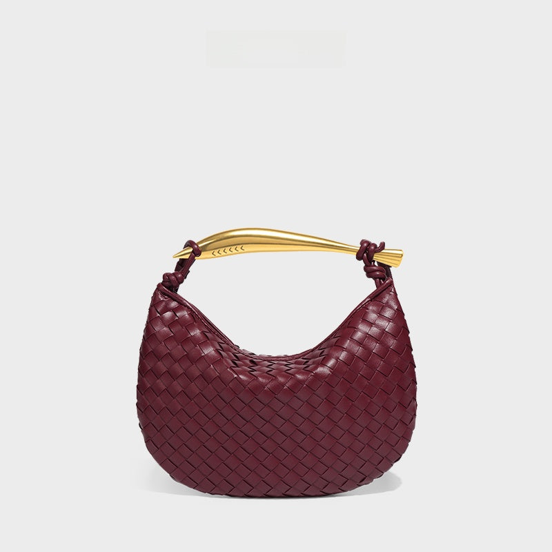 Burgundy Woven Leather Hobo Bag with Gold Handle | Intrecciato Crescent Shoulder Bag