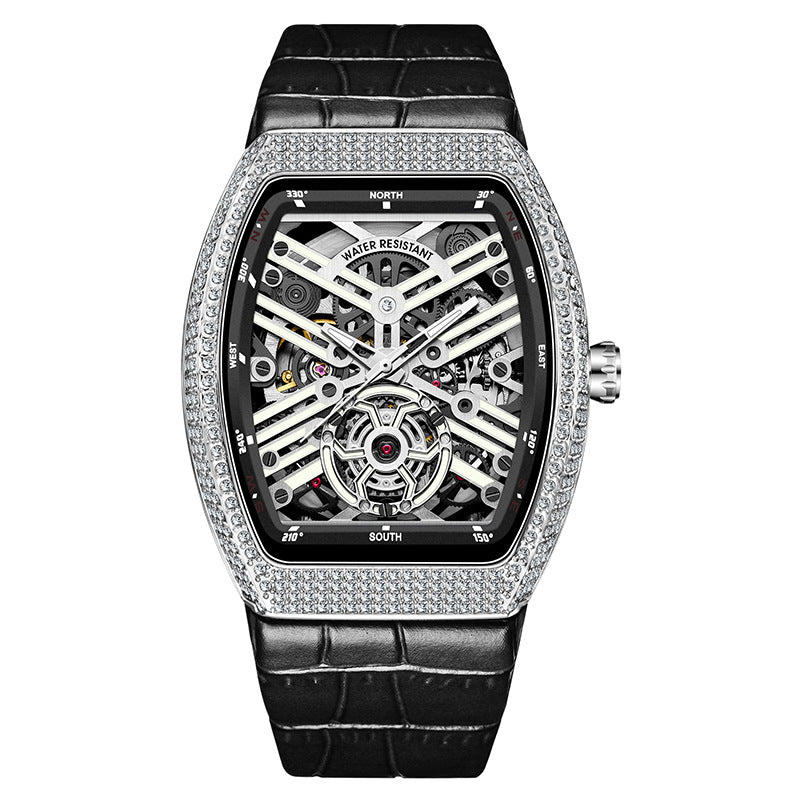 Iced Out Tonneau Skeleton Men's Watch | Diamond Pave Bezel Black Dial Circuit Movement Compass Leather Strap Luxury Timepiece