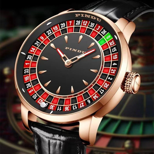 PINDU Men's Roulette Wheel Watch | Baguette Crystal Dial | Rose Gold Case | Black Croc Leather Strap | Unique Casino Novelty Luxury Watch | UAE