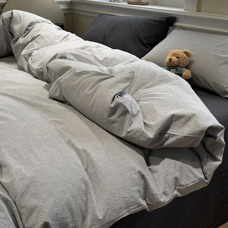 Grey Stripe Cotton Duvet Cover Set | Soft Washed Cotton Bedding Set with Pillowcases | King Queen Full Twin