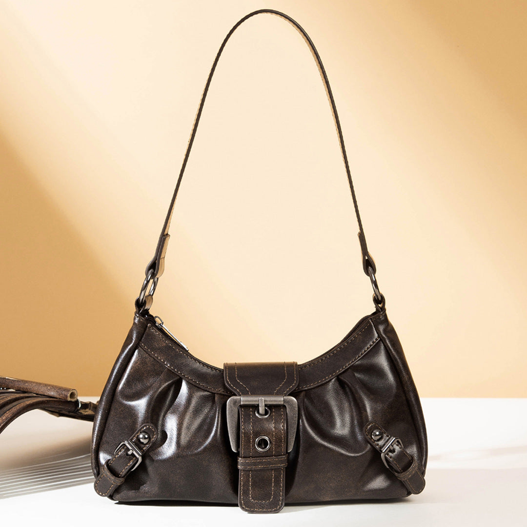 Black Leather Ruched Shoulder Bag with Buckle - Y2K Style Gathered Hobo Bag | Vintage Inspired Slouchy Handbag