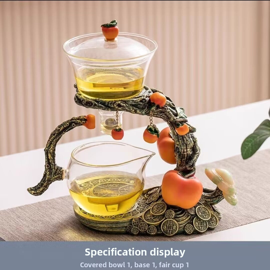 Chinese Automatic Glass Tea Set | Persimmon Tree Lucky Design | Magnetic Rotating Infuser | 6 Cups & Tea Tray | Kung Fu Gongfu Tea Ceremony Gift
