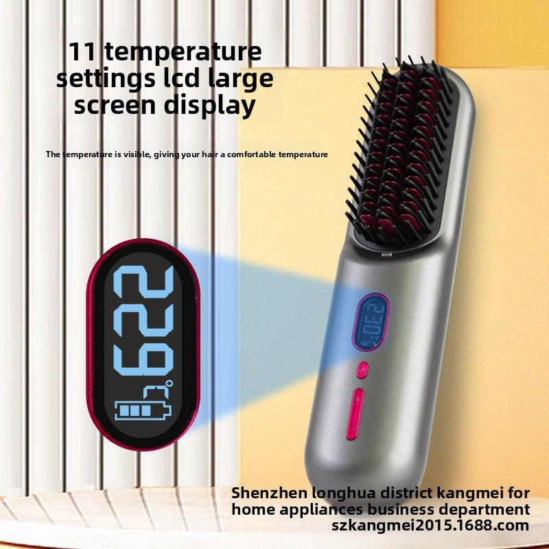 LCD Digital Hair Straightening Brush | Cordless Electric Heated Comb 226�C | Portable Ionic Anti-Frizz Hair Straightener | Gray Rechargeable Hot Comb