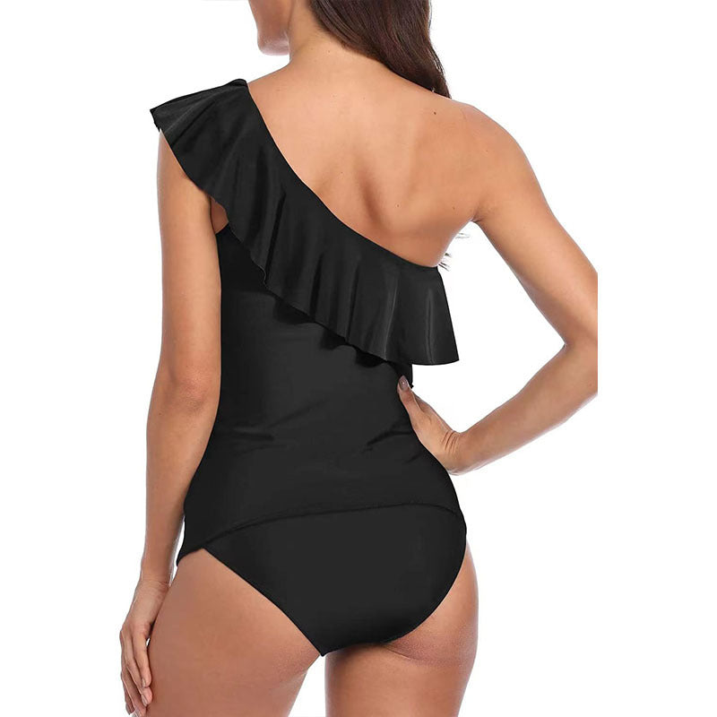 Black One Shoulder Ruffle Cutout One Piece Swimsuit | Tummy Control Ruched Monokini | Women's Elegant Swimwear