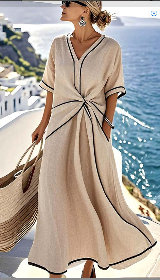 Women's Beige Contrast Trim Two Piece Set | V-Neck Twist Top + Wide Leg Pants Summer Co-ord Outfit