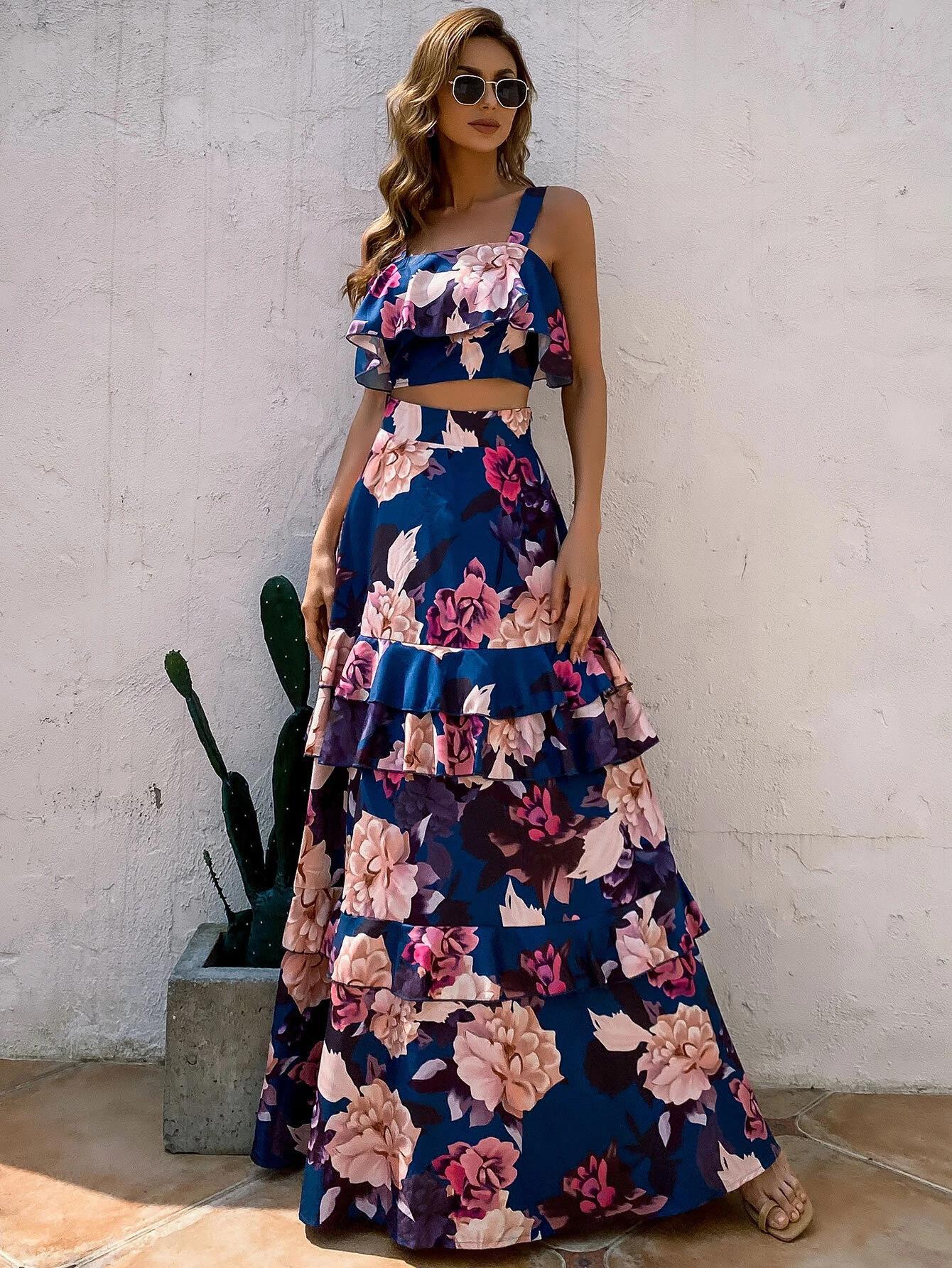 Women's 2 Piece Floral Print Crop Top & Tiered Ruffle Maxi Skirt Set - Blue Pink Spaghetti Strap Summer Boho Vacation Co-Ord Set