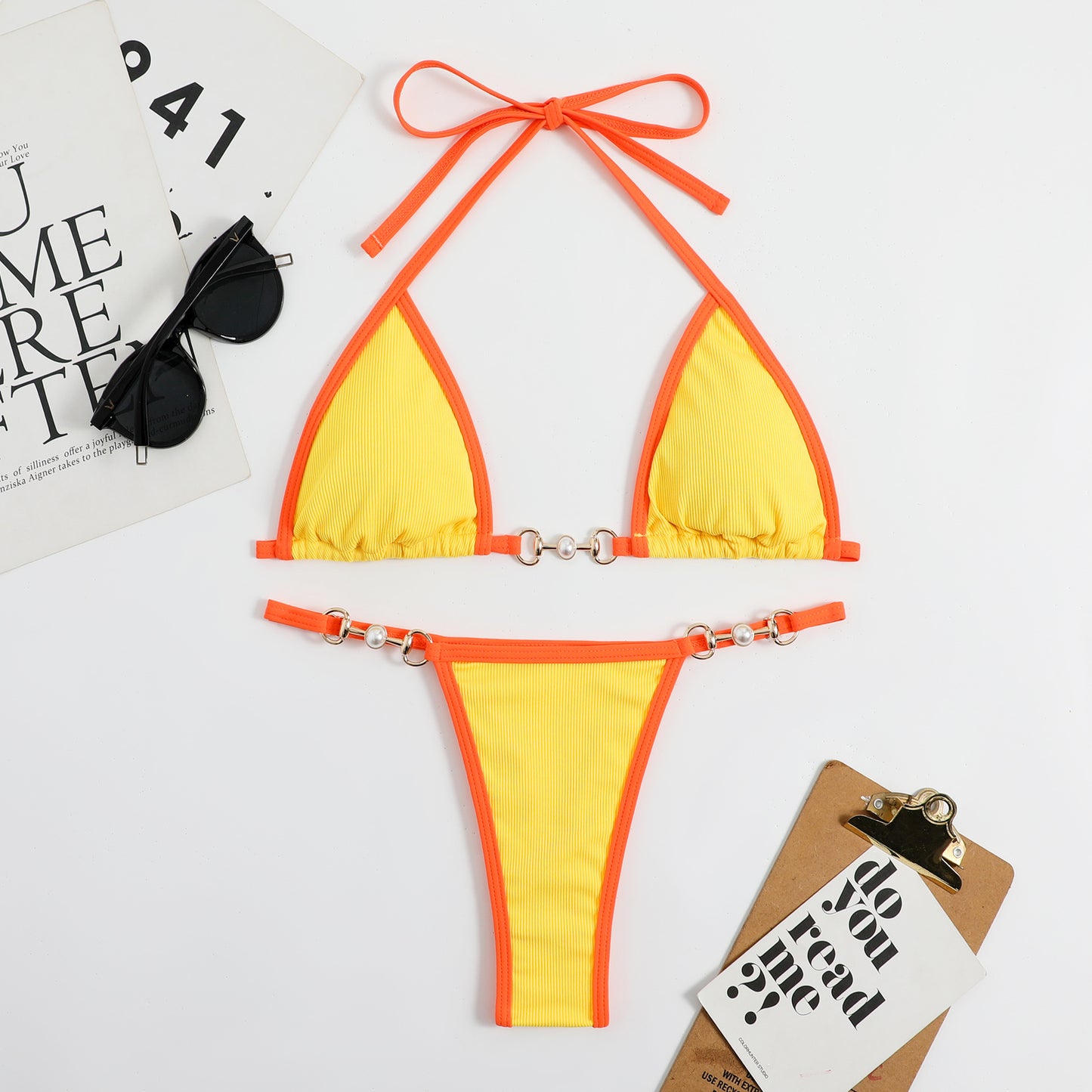 Gold Chain Ring Micro Bikini Set | Contrast Trim Triangle Top & Thong Bottoms | Neon Color Block Two Piece Swimsuit Women Multiple Colors