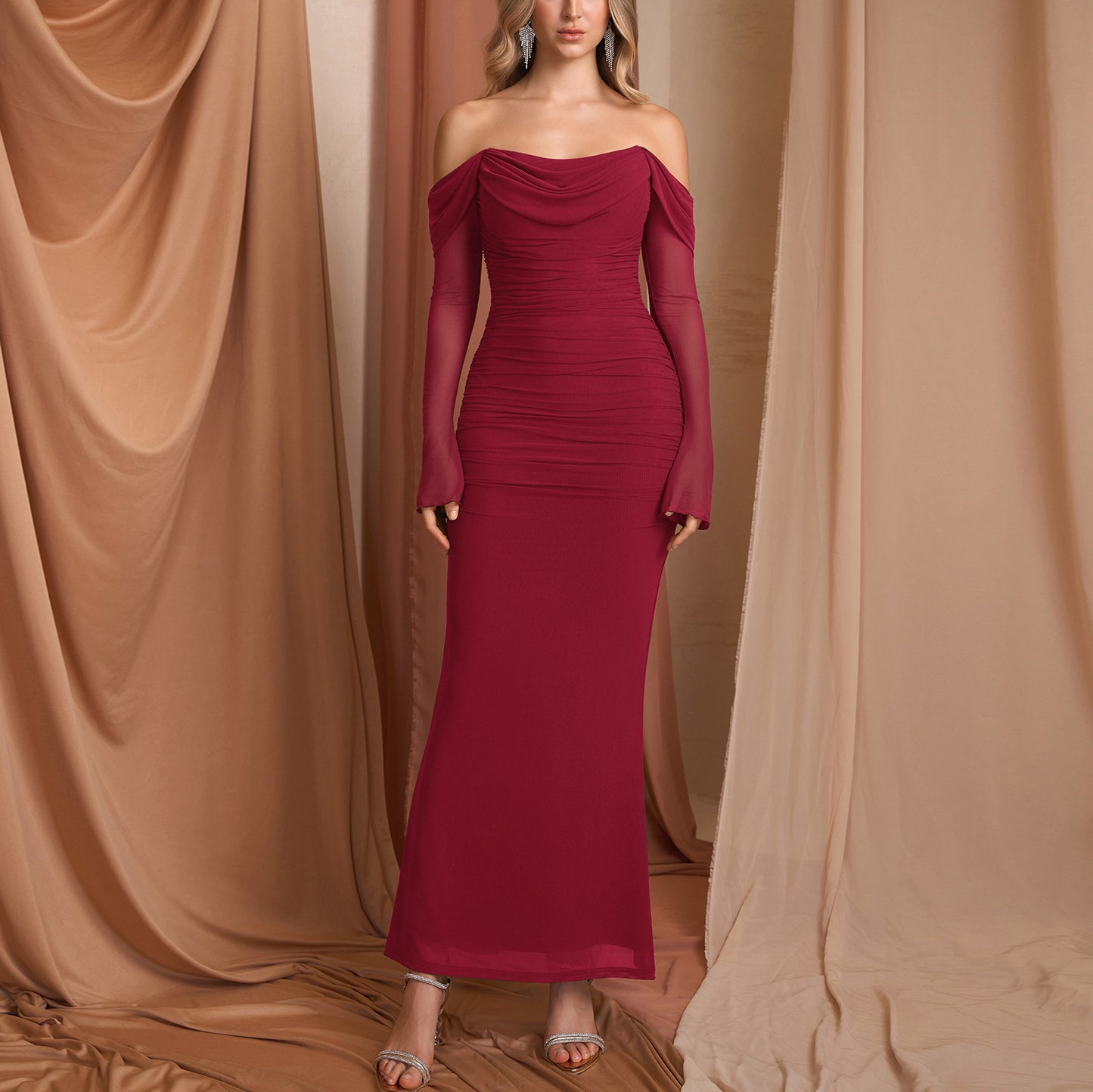 Women's Brown Off Shoulder Ruched Bodycon Maxi Dress Long Sleeve Formal Gown