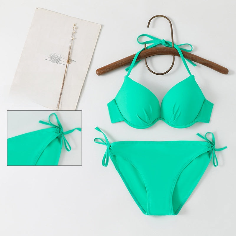 Completo Bikini Fantasia Pied de Poule | Top Push Up Halter Bianco Nero & Slip con Laccetti | Costume da Bagno Due Pezzi Stampa Retrò da Donna
