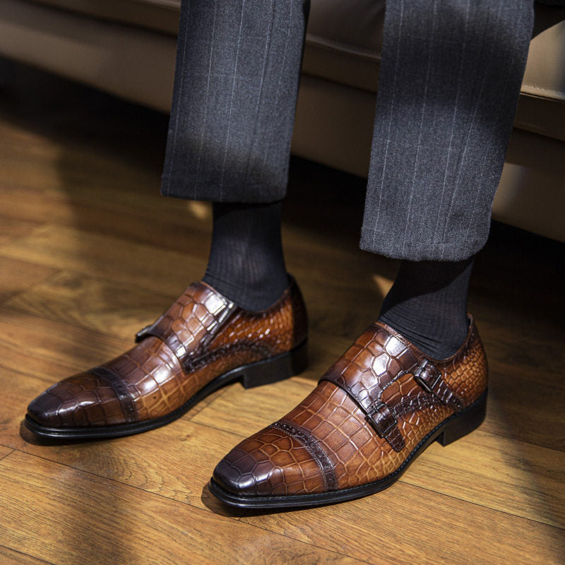 A.N.M. Bullock Men's Crocodile Embossed Double Monk Strap Shoes | Cognac Brown Luxury Dress Shoes