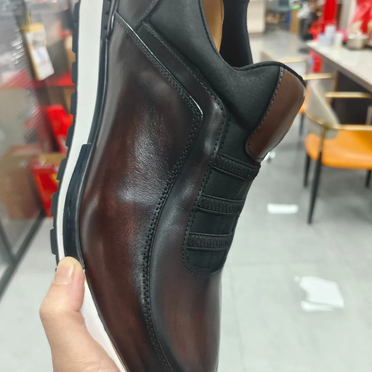 Men's Luxury Leather Slip-On Sneakers | Cognac Patina Casual Shoes with Elastic Band & Suede Detail | Premium Handcrafted Loafer Sneakers