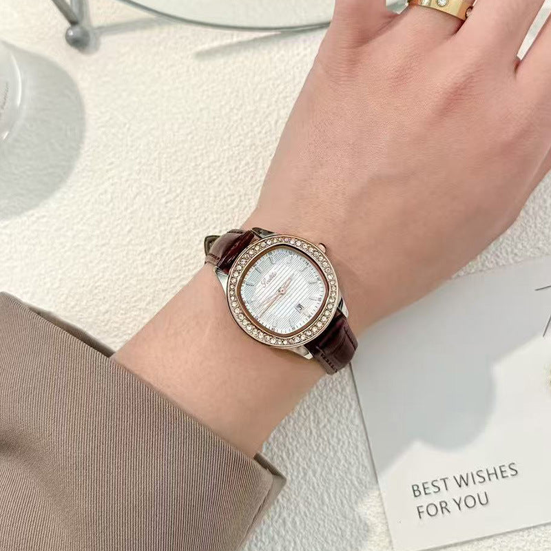 Scottie Crystal Bezel Watch Women | Silver Textured Dial | Black Crocodile Leather Strap | Date Display Elegant Dress Watch