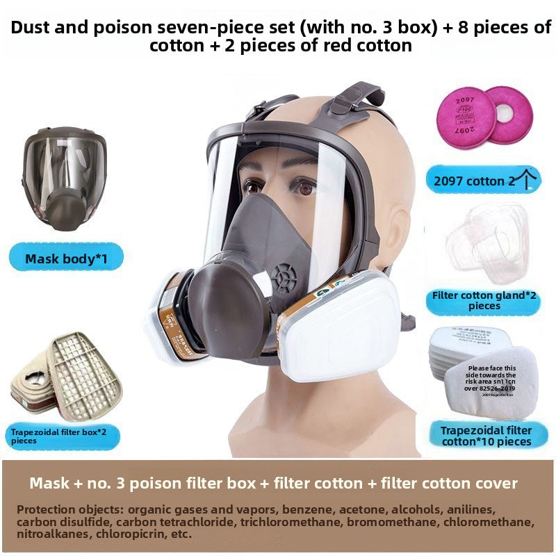 Full Face Respirator Gas Mask 7-Piece Set with No.3 Filter Box & 10 Filter Cotton | Industrial Chemical Protection Mask