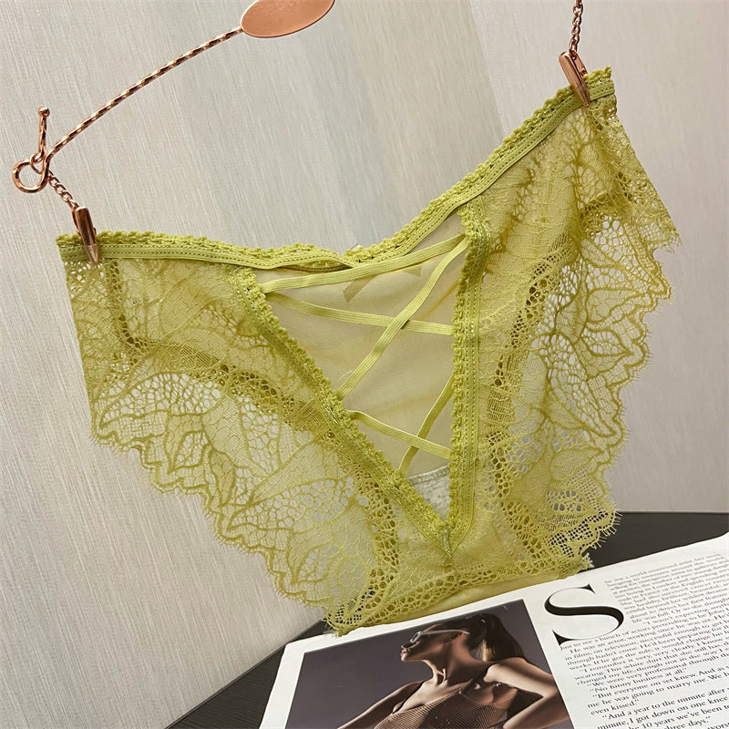 Damen Höschen mit schwarzer Spitze und überkreuzter Vorderseite | Transparente Mesh-Schnürunterwäsche | Sexy Wimpernspitzen-Slips