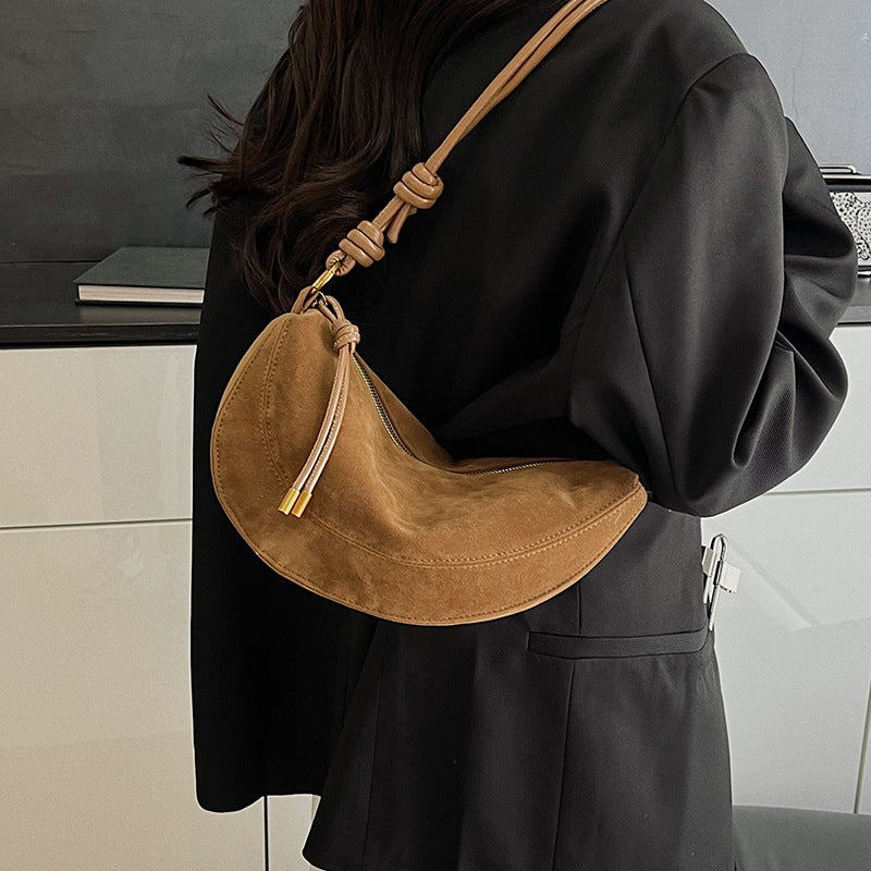 Suede Crescent Shoulder Bag with Knotted Strap & Gold Hardware | Women's Half Moon Hobo Bag in Brown | Trendy Minimalist Crossbody for Everyday & Going Out