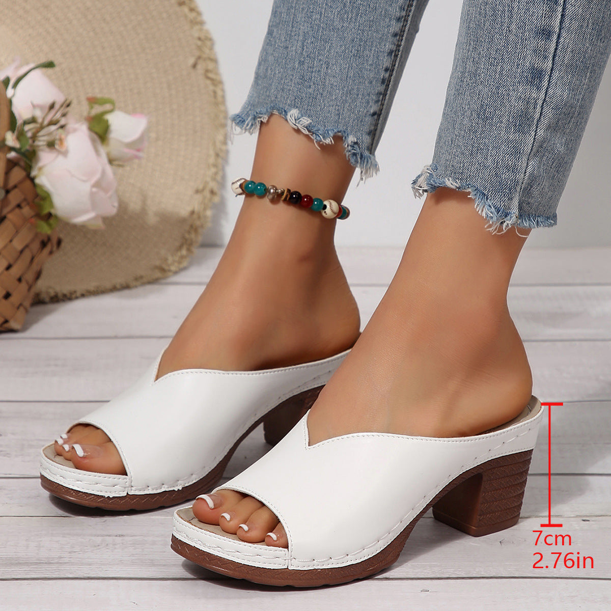 Black Leather Open Toe Block Heel Mule Slides | Women's Casual Slip On Chunky Heel Sandals