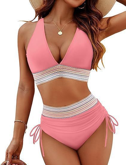 Black Chevron Crochet Panel Halter Bikini Set | Deep V Top & High Waist Drawstring Ruched Bottoms | Boho Tummy Control Two Piece Swimsuit Women