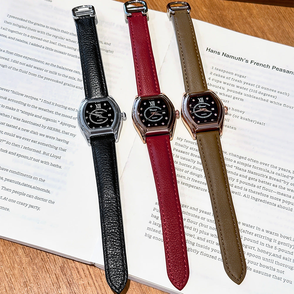 Dinimi Tonneau Watch Women | Black Starry Crystal Dial | CZ Diamond Markers Roman Numeral | Silver Case Black Leather Date Watch
