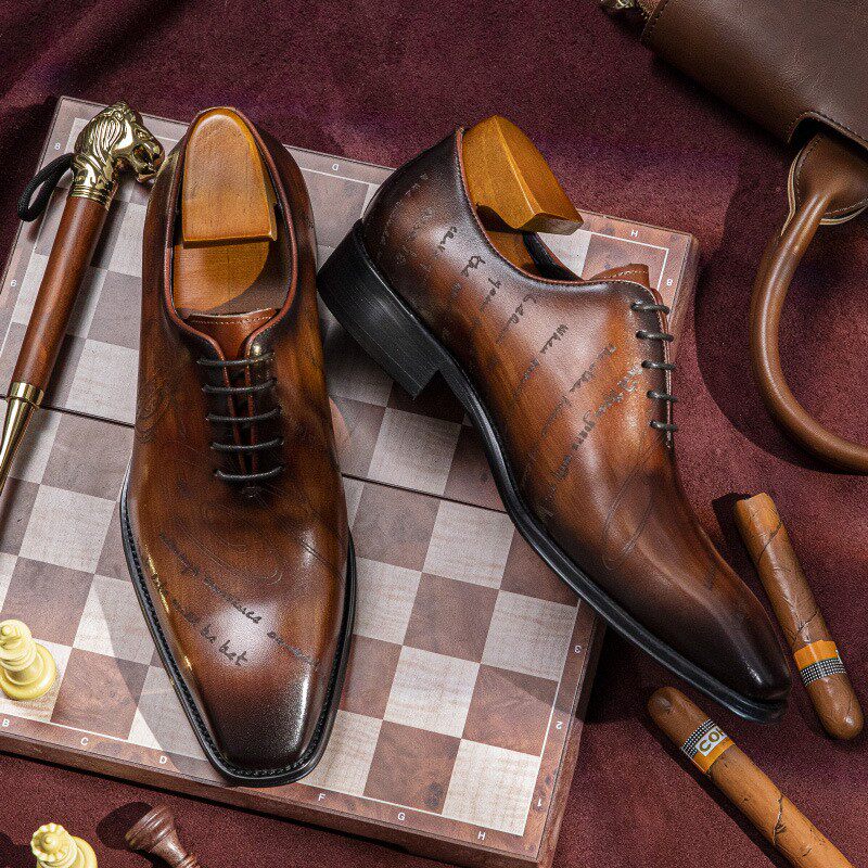 A.N.M.Bullock Men's Cognac Brown Script Engraved Oxford Dress Shoes | Luxury Square Toe Leather Lace-Up Formal Shoes