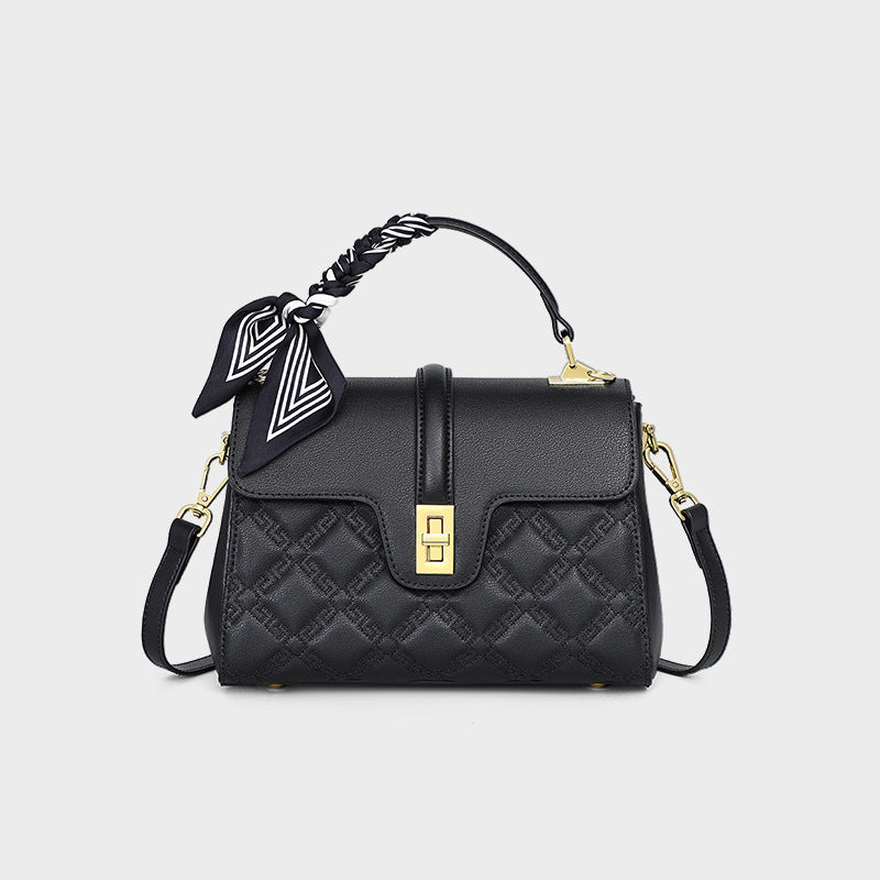 Beige Quilted Leather Satchel Bag - Diamond Stitched Crossbody Handbag with Scarf | Women's Structured Top Handle Bag with Gold Hardware