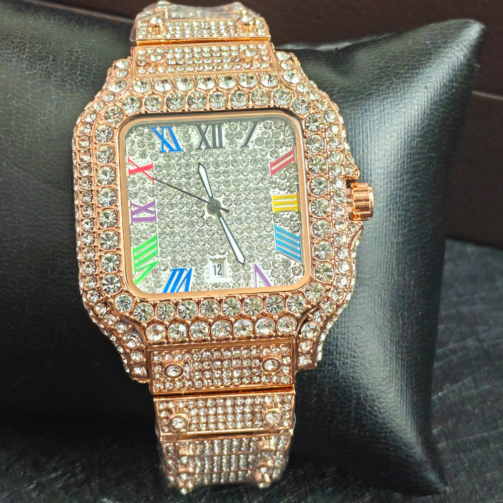 Iced Out Gold Square Watch | Full Diamond Crystal Baguette Bracelet Watch with Colorful Roman Numerals & Date Display | Hip Hop Luxury Watch