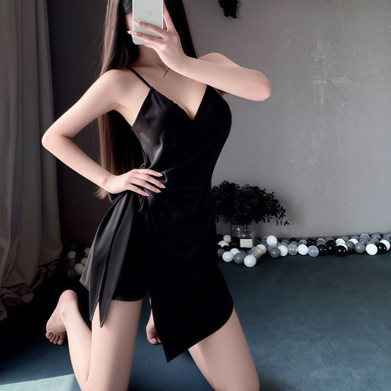 Women's Red Satin Wrap Bow Tie Mini Slip Dress Sexy Deep V Neck Asymmetric Ruched Nightgown Chemise Sleepwear