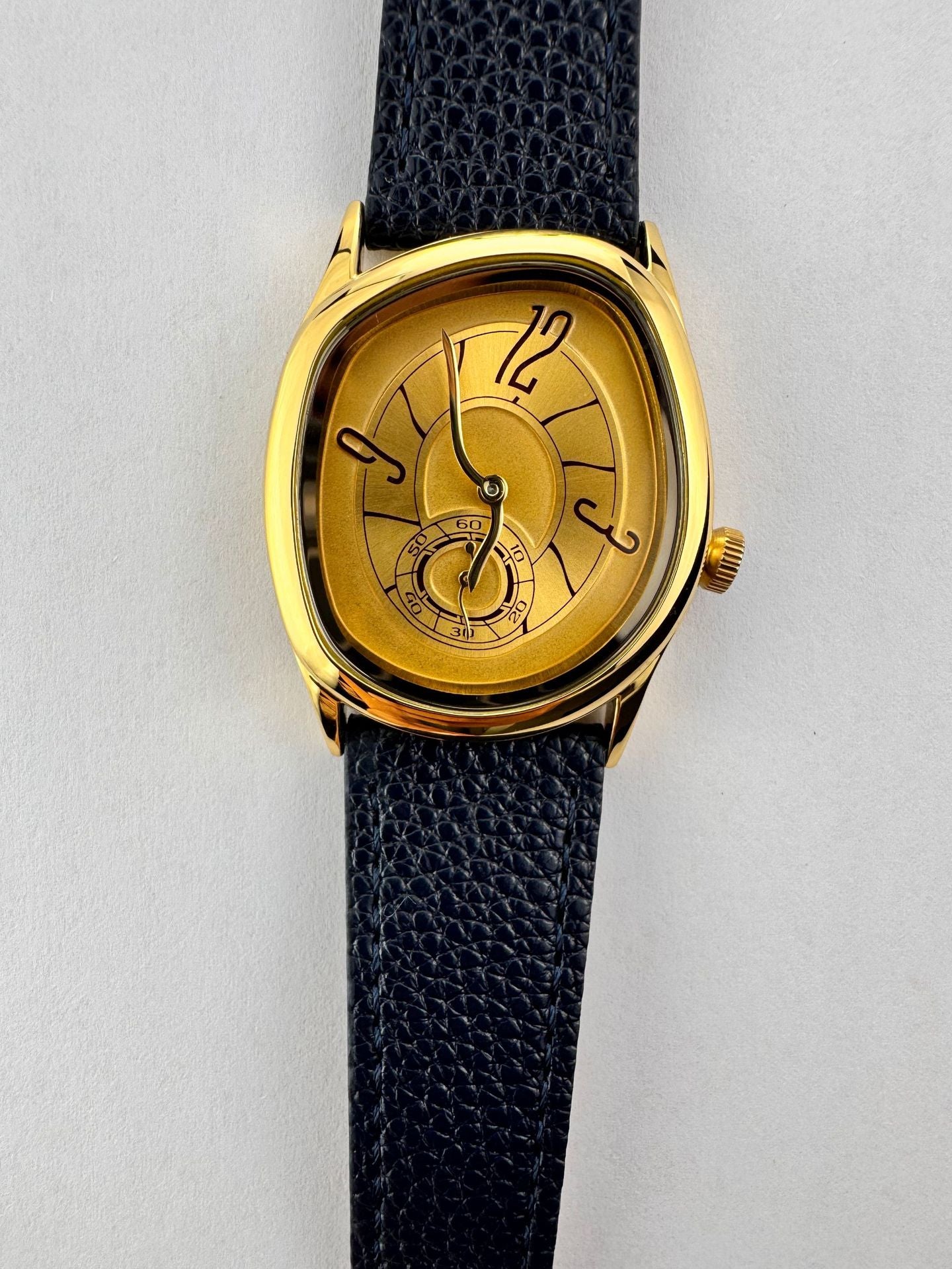 Men's Cushion Case Avant-Garde Watch | White Artistic Dial Sub-Seconds Navy Blue Leather | Original Design Fashion Timepiece
