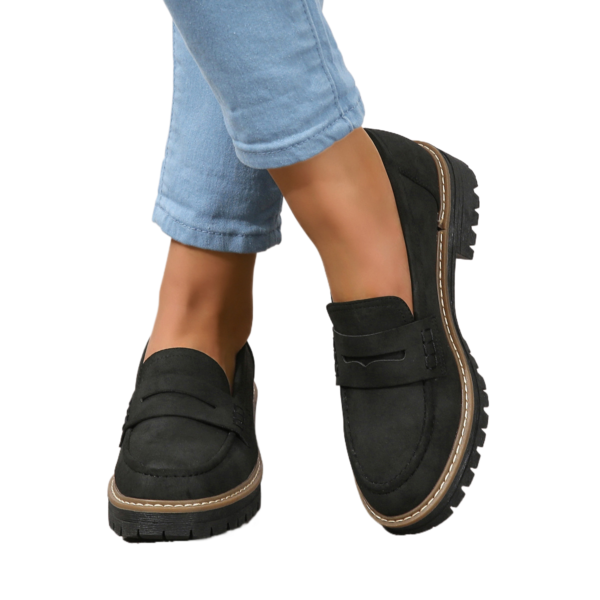 Black Suede Lug Sole Penny Loafers for Women | Chunky Platform Slip-On Loafers | Tan Welt Stitch Detail Loafers | Casual Smart Street Style Shoes
