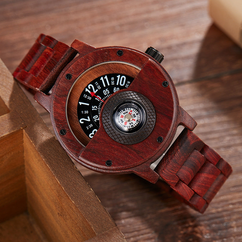 Mens Wooden Watch with Built In Compass Unique Turntable Dial Natural Wood Bracelet Quartz Wristwatch Handcrafted Gift for Men