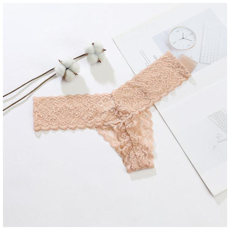 Schwarzer voller Spitzen-Tanga für Frauen, sexy Unterwäsche mit gewelltem Bund, V-Schnitt, freche Höschen, floraler Spitze