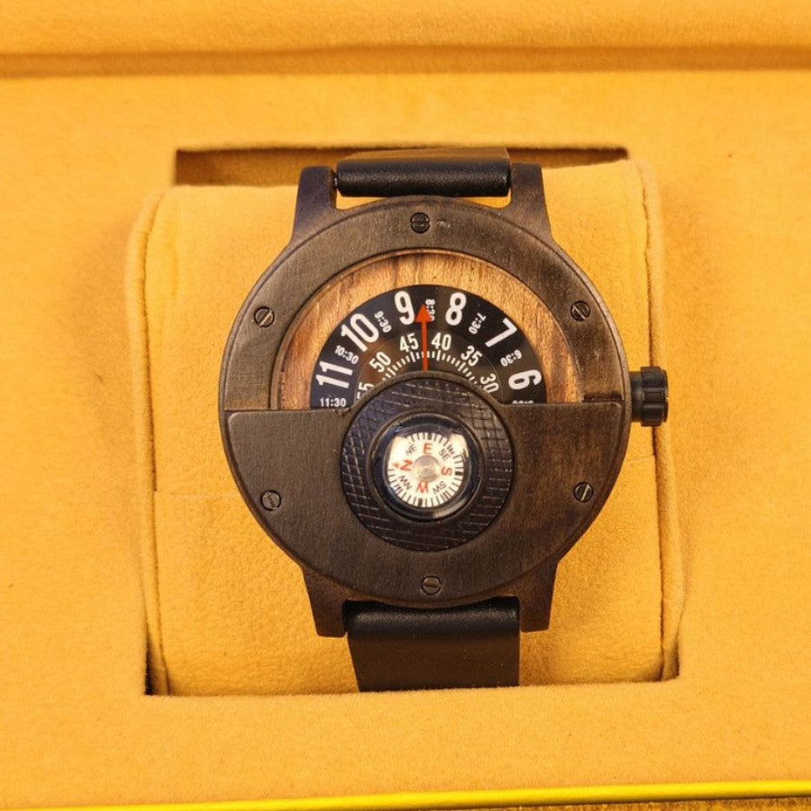 Mens Wooden Watch with Built In Compass Unique Turntable Dial Natural Wood Bracelet Quartz Wristwatch Handcrafted Gift for Men