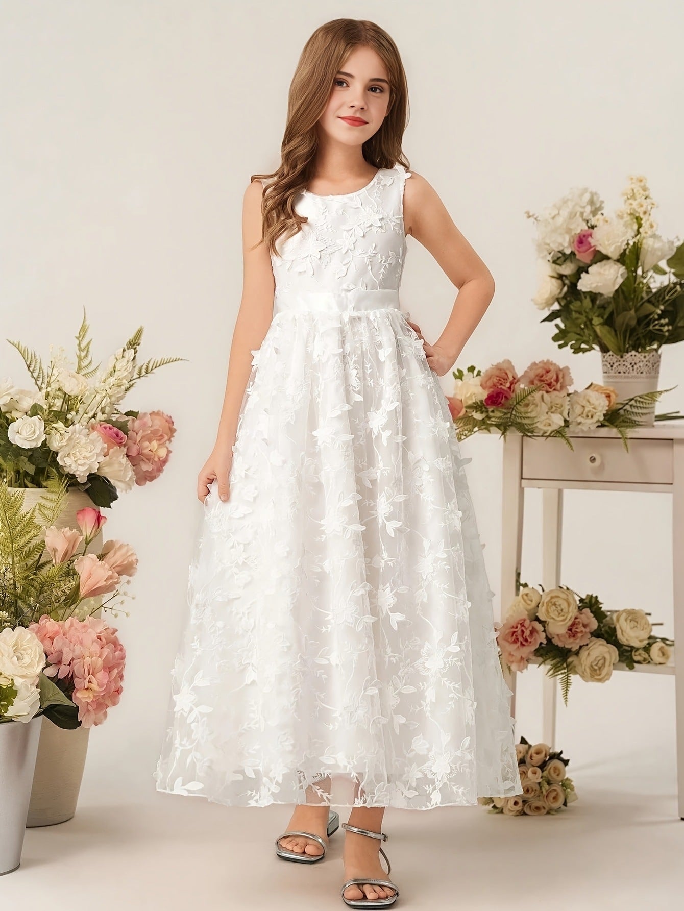 Girls White Floral Lace Maxi Dress Sleeveless Flower Girl Wedding Dress First Communion Princess Party Gown