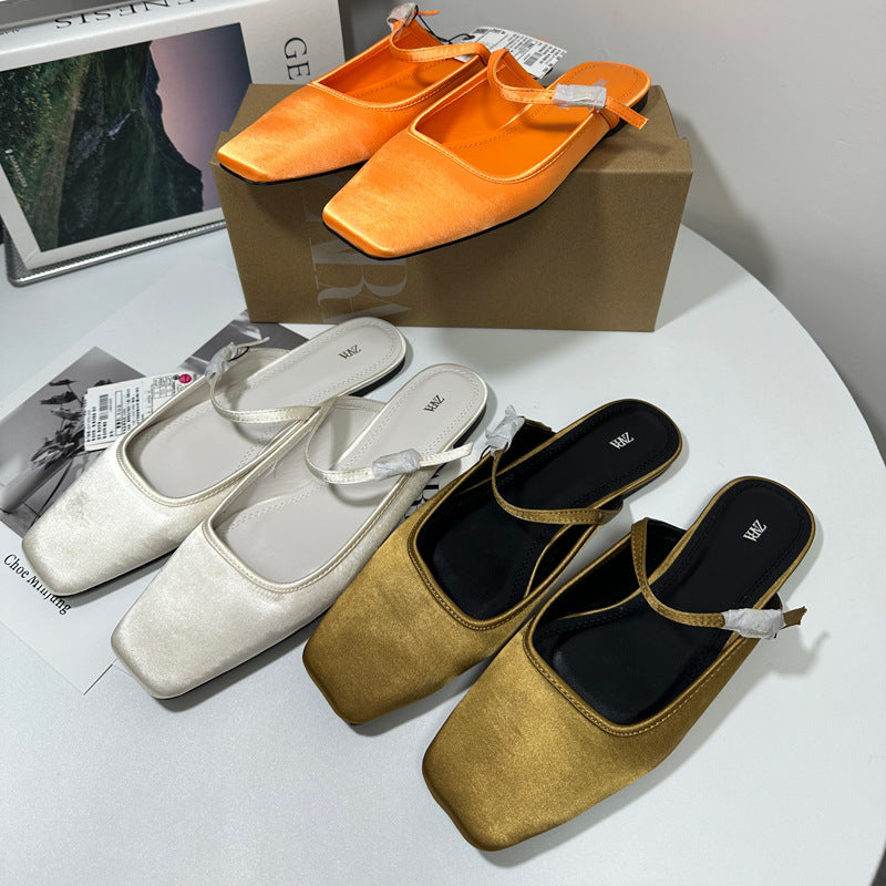 Zara Satin Square Toe Mule Flats | Black White Gold Orange Slip-On Flat Shoes for Women