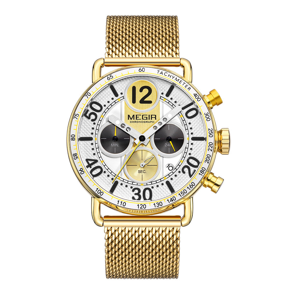MEGIR Chronograph Men's Watch | Sky Blue Dial Gold Mesh Bracelet Tachymeter Multifunction Sport Luxury Timepiece