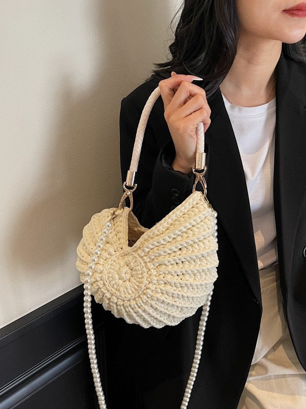 White Crochet Shell Bag | Pearl Chain Strap Handbag Woven Shoulder Purse for Women