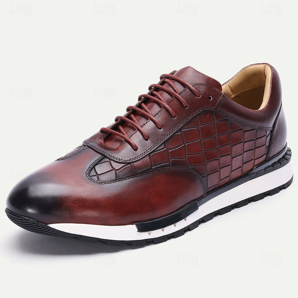 Woven Leather Sneakers for Men | Luxury Lace Up Casual Dress Shoes with White Sole