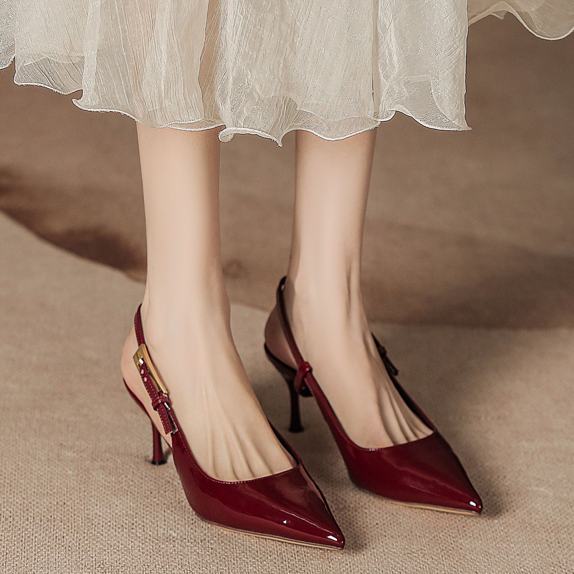 Burgundy Wine Red Patent Leather Gold Buckle Slingback Stiletto Heels | Women's Pointed Toe Luxury Pumps