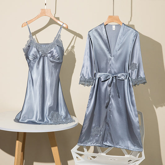 Women's Wine Red Satin Lace Trim 2 Piece Nightgown and Robe Set Sexy V Neck Slip Dress with Belted Dressing Gown Sleepwear