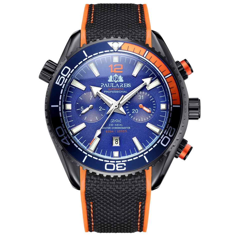 Paulareis Automatic Professional Diver Chronograph Watch | ZrO2 Co-Axial Master Chronometer 600m | Black & Orange Rubber Strap Men's Watch