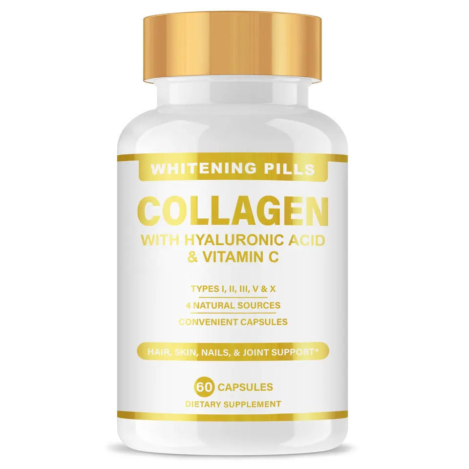 Collagen Whitening Pills with Hyaluronic Acid & Vitamin C | Types I II III V X | 60 Capsules | Hair Skin Nails & Joint Support | Dietary Supplement