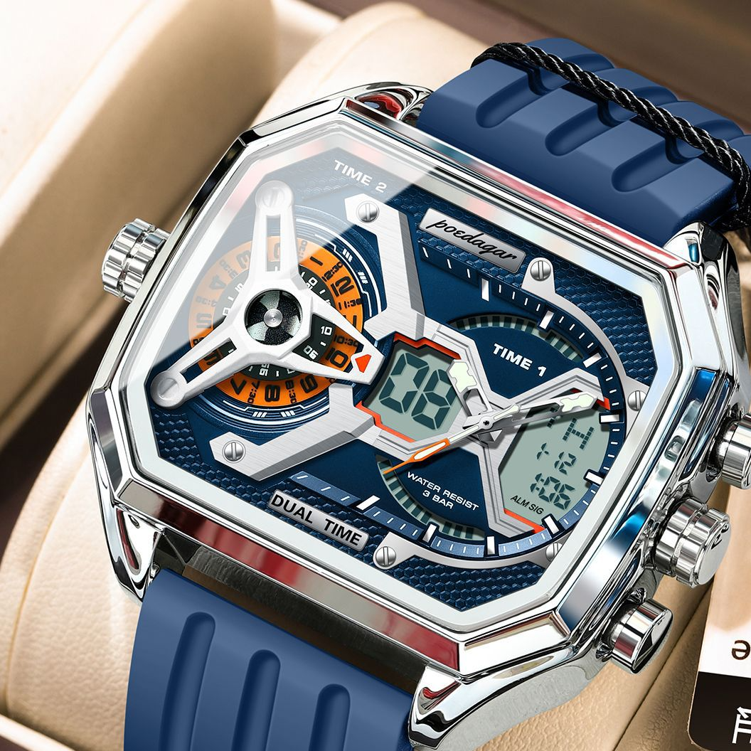 Poedagar Men's Dual Time Digital Analog Watch | Square Blue Rubber Strap | Military Sport Chronograph Waterproof