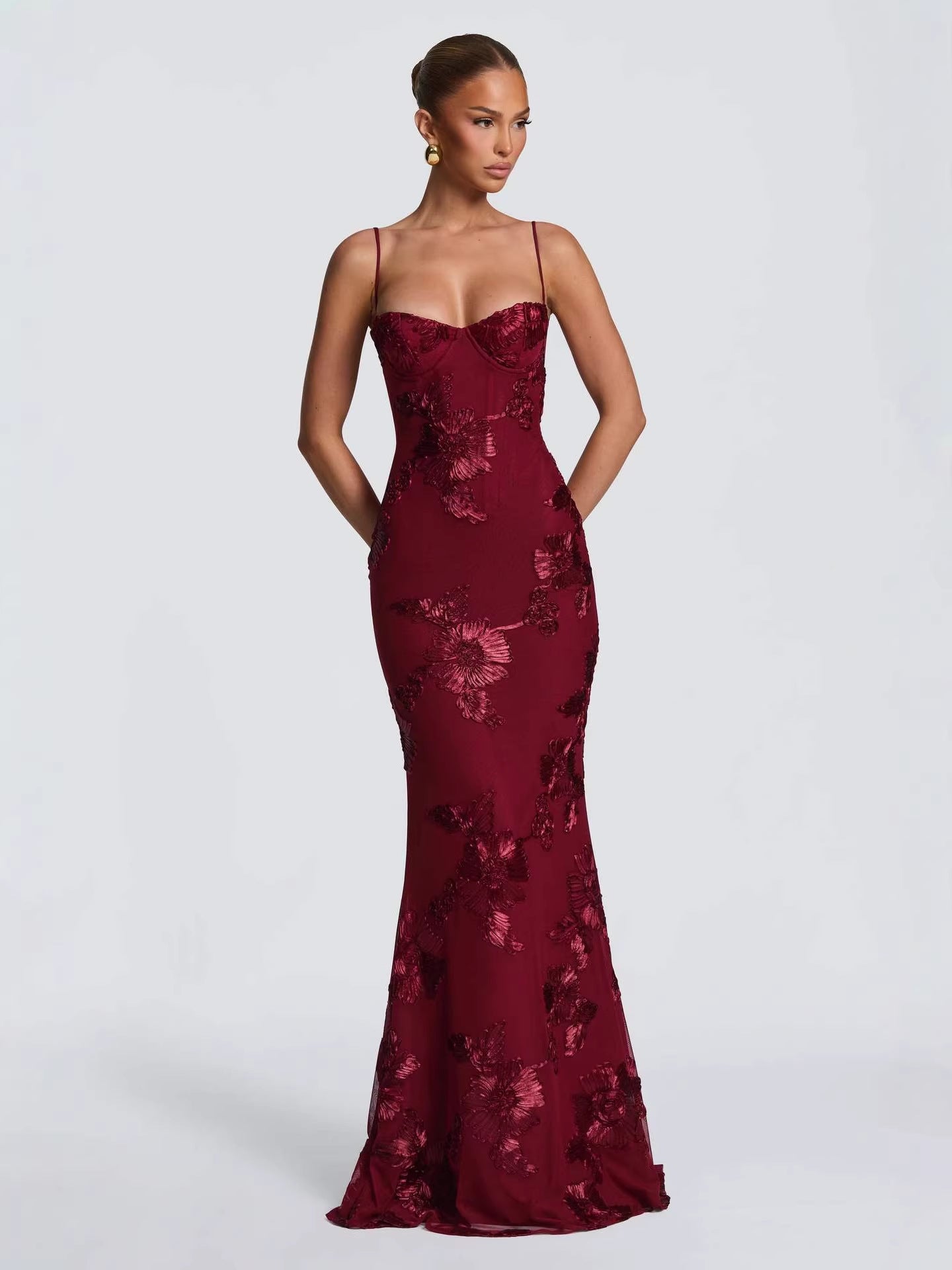 Women's Mauve Purple Floral Sequin Mermaid Gown - Spaghetti Strap Sweetheart Corset Bodycon Maxi Dress - Luxury Embellished Evening Gown for Gala, Prom, Wedding & Red Carpet